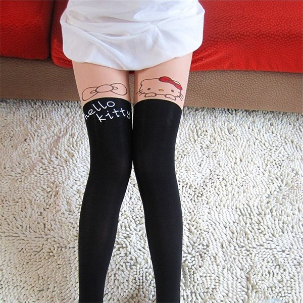 Sexy Black Cute Cat Tattoo Socks Sheer Pantyhose Mock Stockings Tights