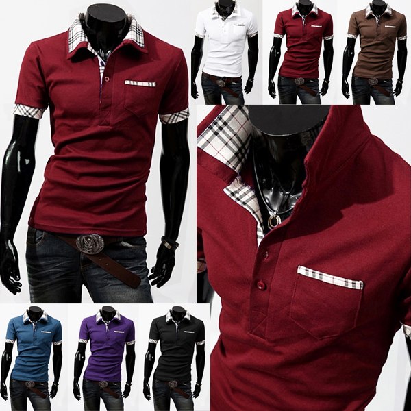 Homme Fashion Col Raye Elance Manche Courte Polo Chemise Decontractee