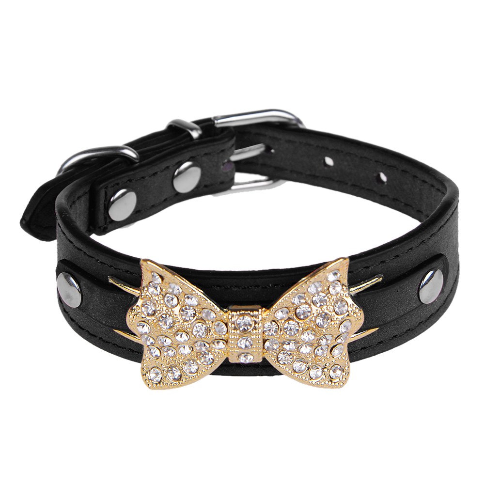 Glisten Dog Collar Bling Crystal Bow leather Pet Collar Puppy Choker
