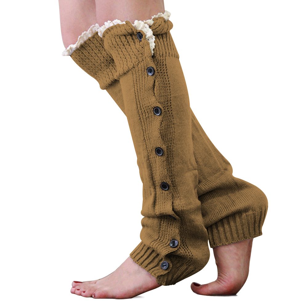 Women Knee High Knit Flat Lace Trim Button Down Crochet Leg Warmers