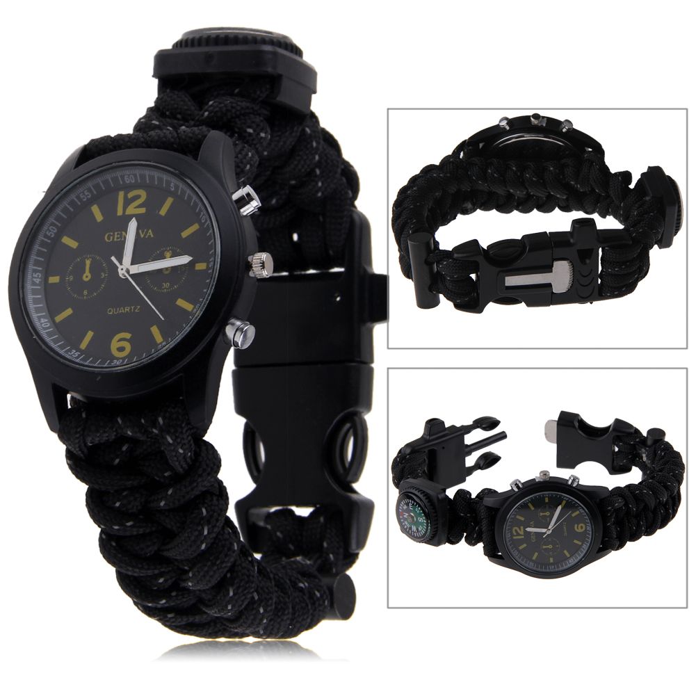 Survival Paracord Bracelet Compass Fire Starter Prepper Camping Watch
