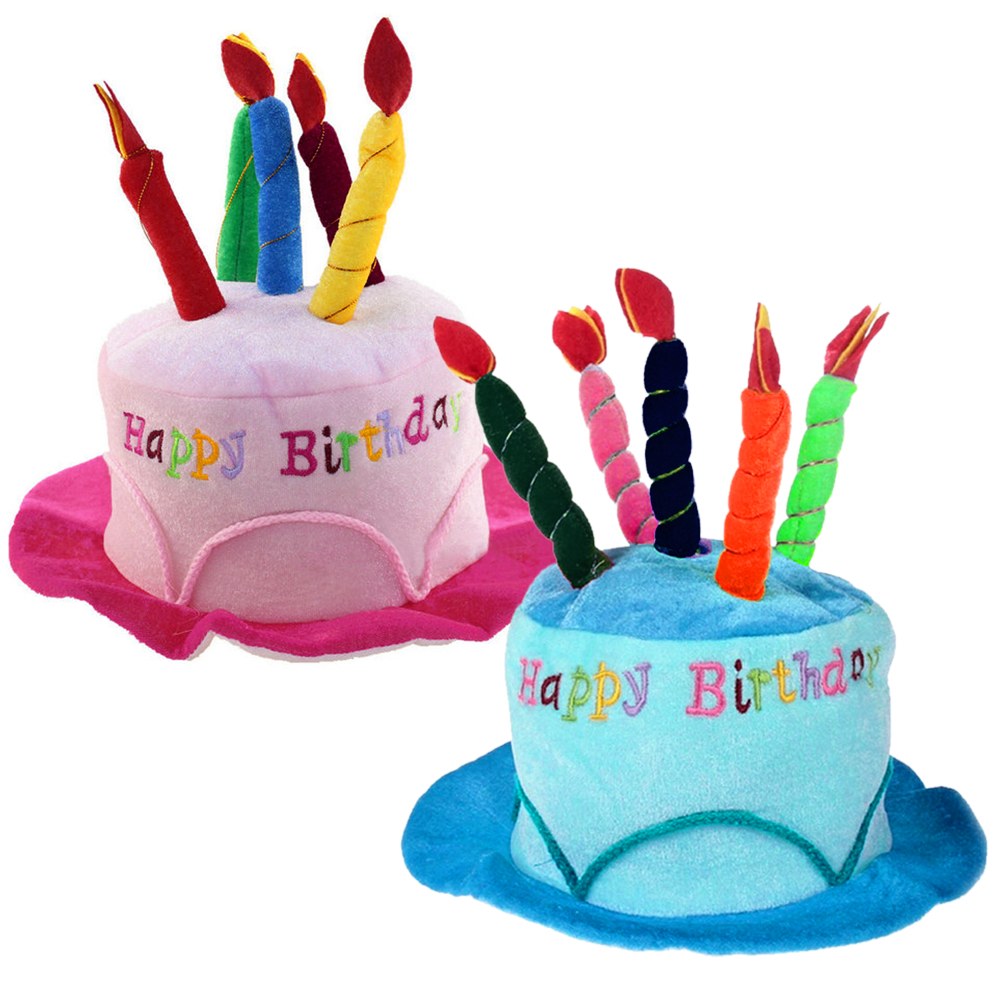 HAPPY BIRTHDAY NOVELTY PLUSH CAKE HATS WITH CANDLES PARTY HAT CAP Adult Kids NEW
