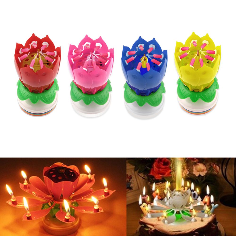 Musical Rotating Lotus Flower Cake Topper Party Birthday Candle Light Lamp Gift