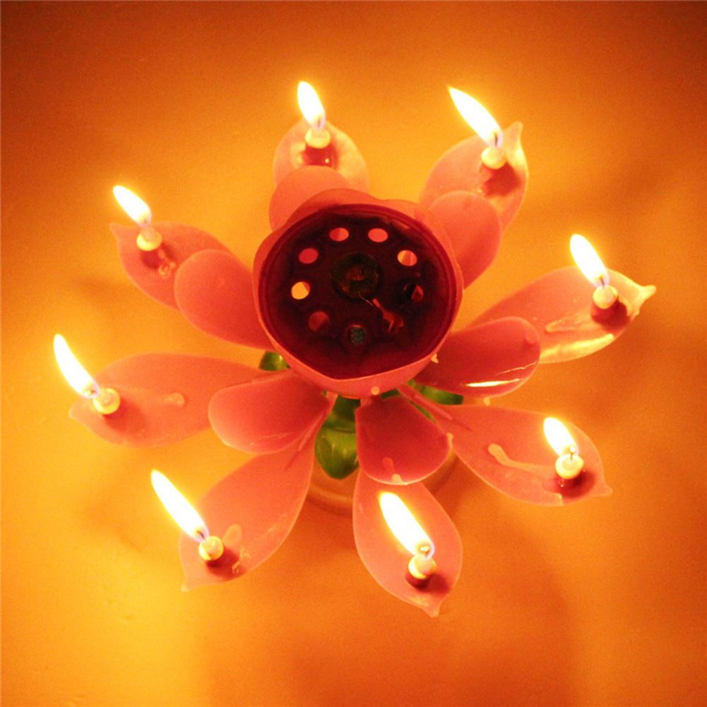 Musical Rotating Lotus Flower Cake Topper Party Birthday Candle Light