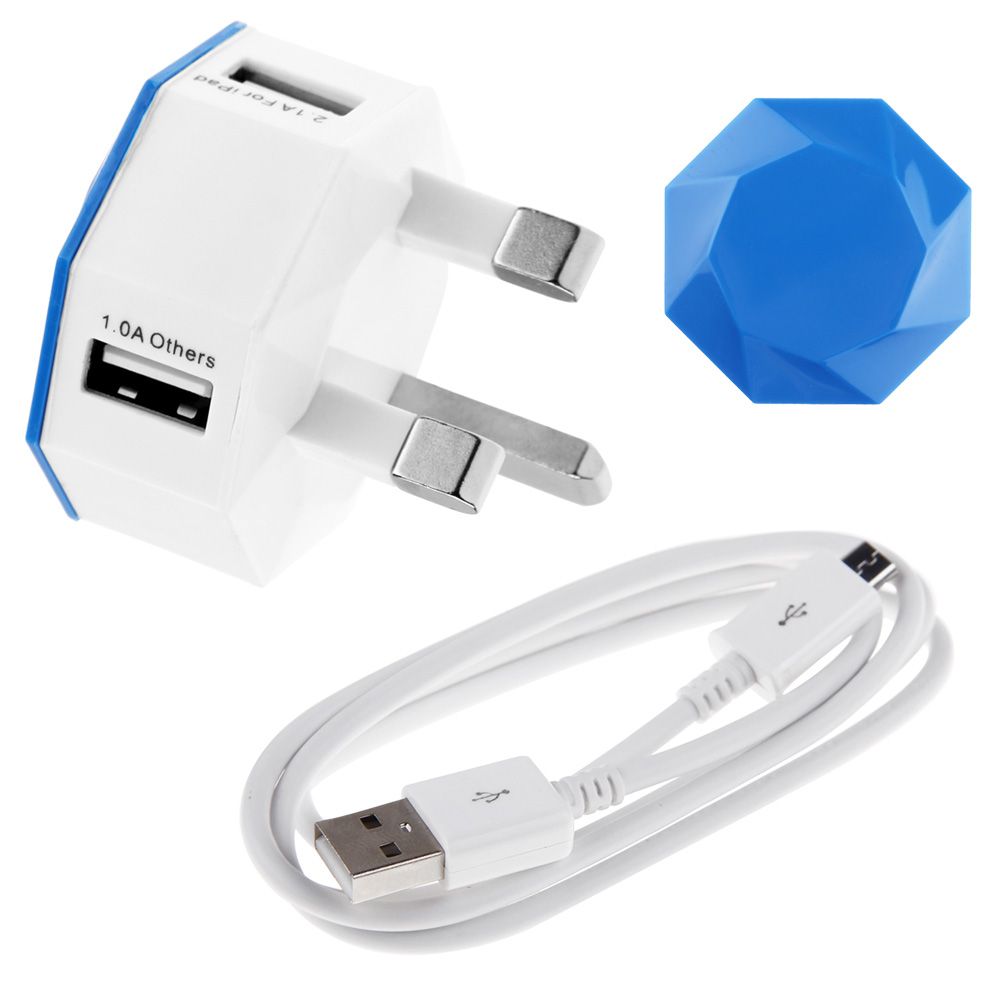 Mains Wall Charger UK Plug 2USB Adapter + Micro USB Sync Cable For