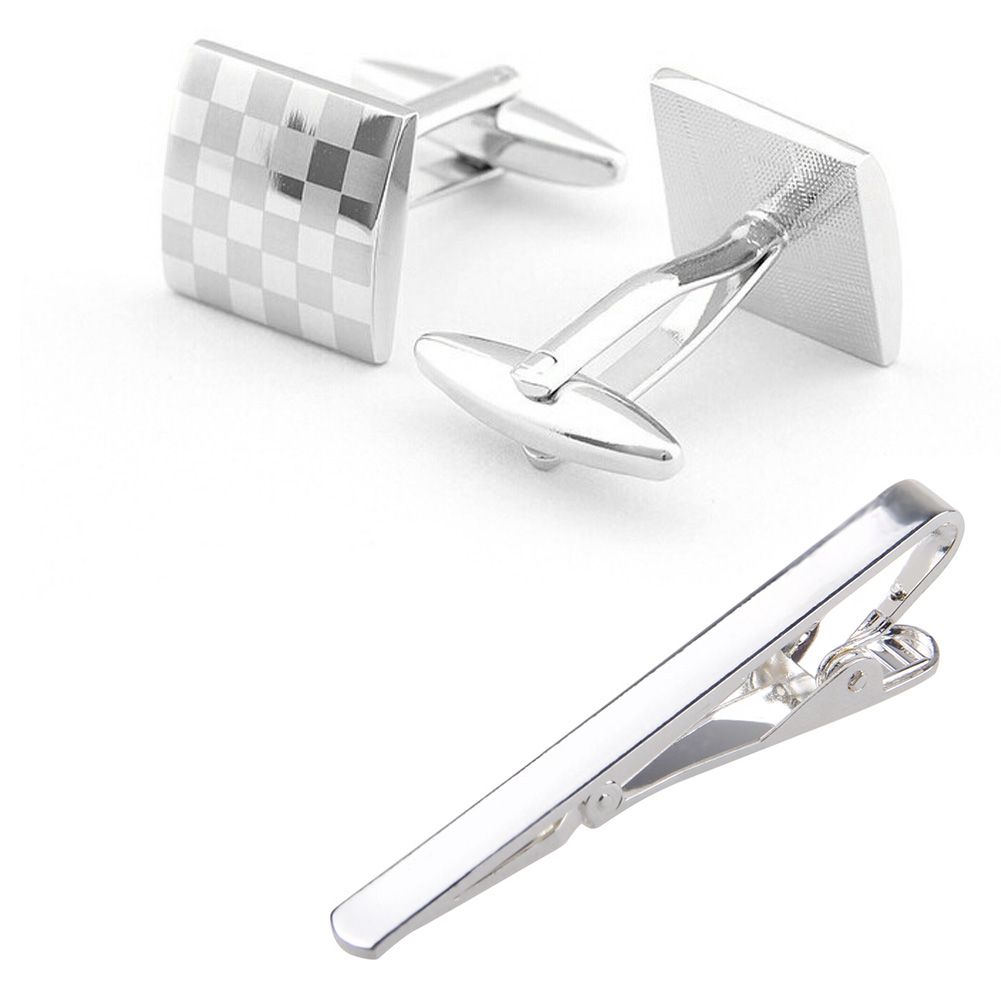 Set Mens Stainless Steel Necktie Tie Clip Bar Clasp Clamp Pin + Square